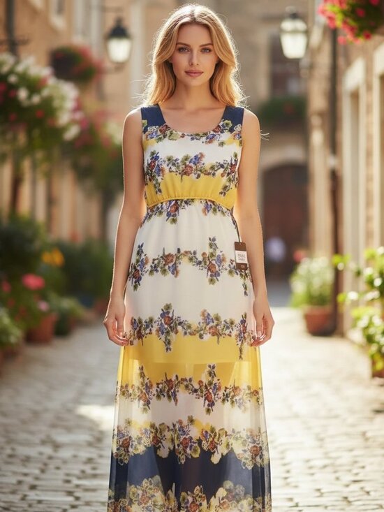 Private Label Dresses & Skirts - Floral Maxi Dress Sleeveless A Line Cottagecore Romantic Feminine Yellow